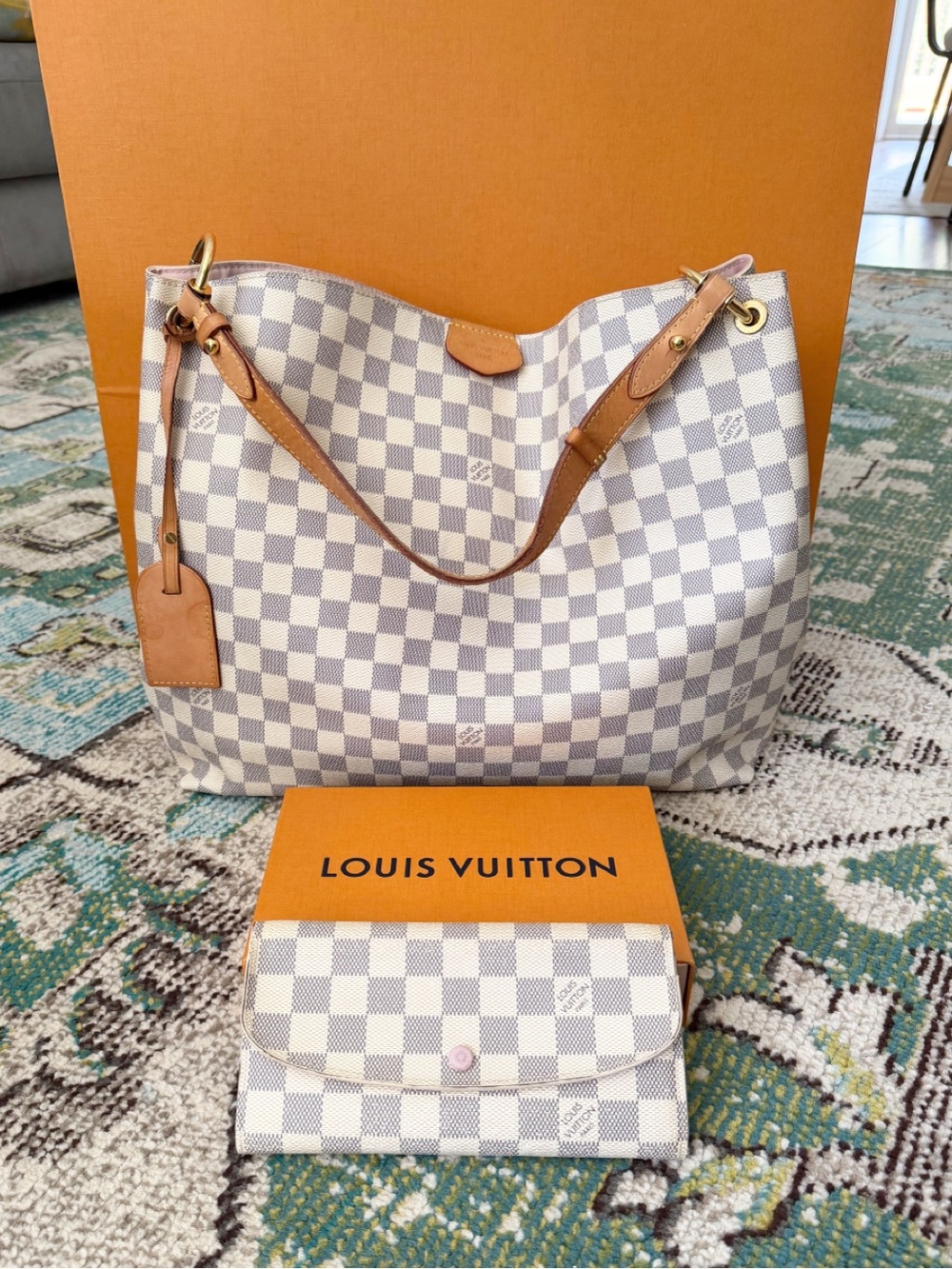 Louis vuitton graceful MM damier Azure Rose Ballerine Hobo Bag + Wallet set
